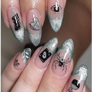 2/$10 Silver Glitter French Tip Almond False Nails with Black Occult Art